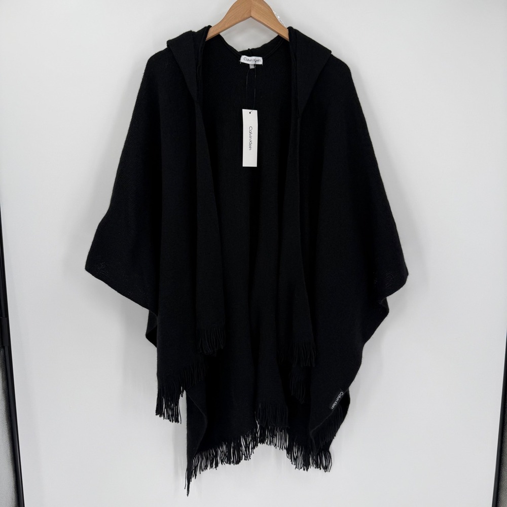 NWT‎ Calvin Klein Hooded Poncho Sweater Cardigan Fringe Hem Black One Size